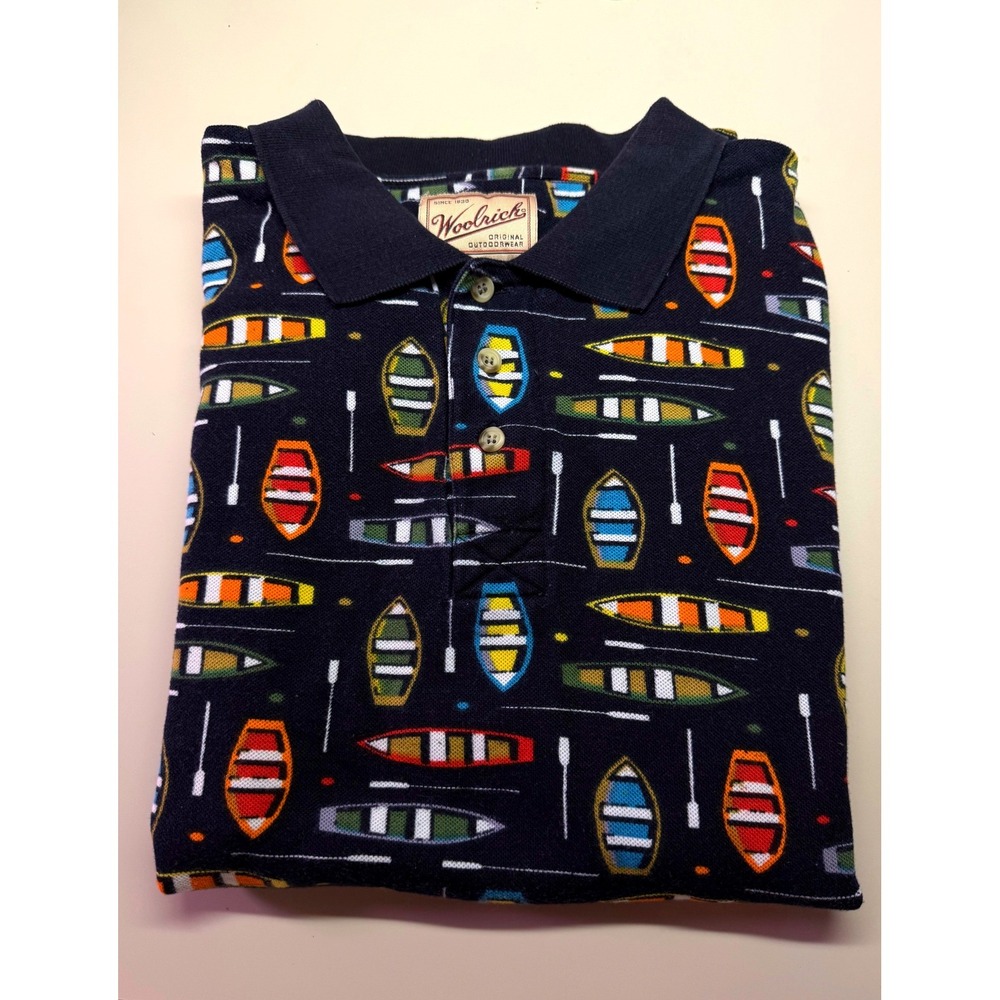 Vintage Woolrich Canoe Print Polo Shirt 2XL Outdoor Gorpcore Fishing Camping